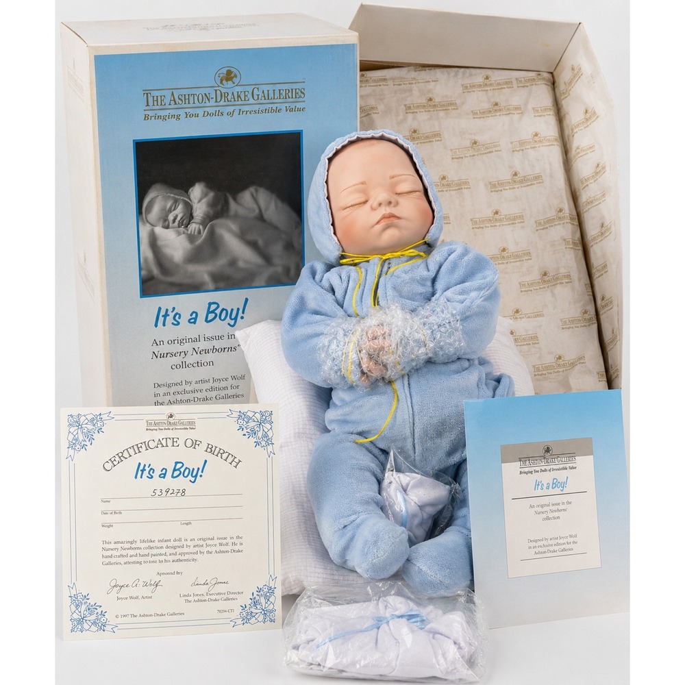 Ashton-Drake It's a Boy Nursery Newborns Porcelain Doll Joyce Wolf 5392FB Blue